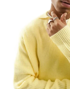 Polo Shirts*DESIGN Knitted Oversized Fisherman Rib Notch Neck Jumper In Yellow