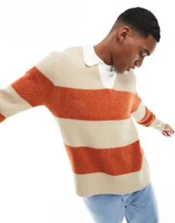 Polo Shirts*DESIGN Knitted Relaxed Rugby Striped Boucle Jumper In Orange And White Multi
