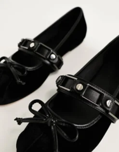 Flat Shoes*DESIGN Labyrinth Round Ballet With Hardware In Velvet Black