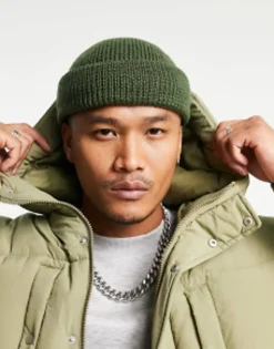 Beanies*DESIGN Lambswool Mini Fisherman Ribbed Beanie In Khaki