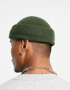 Beanies*DESIGN Lambswool Mini Fisherman Ribbed Beanie In Khaki