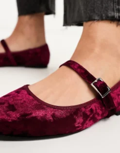 Flat Shoes*DESIGN League Velvet Mary Jane Ballet In Burgandy