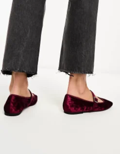 Flat Shoes*DESIGN League Velvet Mary Jane Ballet In Burgandy