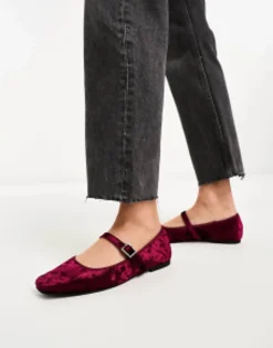 Flat Shoes*DESIGN League Velvet Mary Jane Ballet In Burgandy