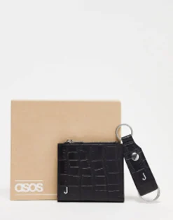 Gifts*DESIGN Leather Keyring And Wallet Set With J Initial Black