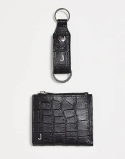 Gifts*DESIGN Leather Keyring And Wallet Set With J Initial Black
