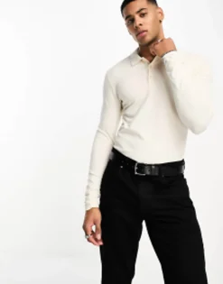 Polo Shirts*DESIGN Long Sleeve Muscle Fit Polo In Cream Eggnog