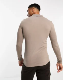 Polo Shirts*DESIGN Long Sleeve Muscle Fit Polo In Brown Driftwood