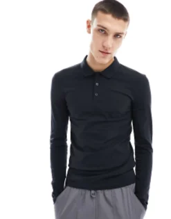 Polo Shirts*DESIGN Long Sleeve Muscle Fit Polo In Black