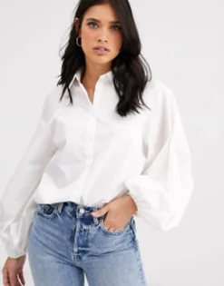 Shirts*DESIGN Long Volume Sleeve Shirt In Cotton In White
