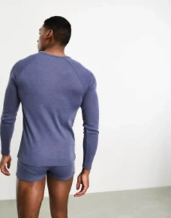 Tracksuits*DESIGN Loungewear Set With Long Sleeve Top And Trunks In Waffle Navy