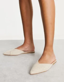 Flat Shoes*DESIGN Luna Pointed Ballet Mules In Natural Fabrication