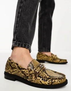 Loafers*DESIGN Melodic Slim Loafer With Chain In Snake Yellow Snake