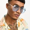 Sunglasses*DESIGN Metal Aviator Sunglasses With Laid On Blue Lens In Silver