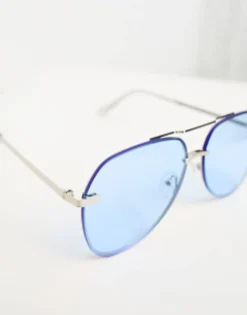 Sunglasses*DESIGN Metal Aviator Sunglasses With Laid On Blue Lens In Silver
