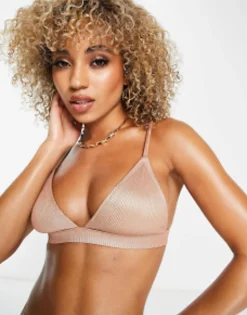 Swimwear & Beachwear*DESIGN Metallic Rib Deep Band Plunge Bikini In Golden Rust