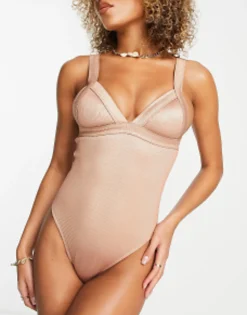 Swimwear & Beachwear*DESIGN Metallic Rib Deep Band Plunge Bikini In Golden Rust