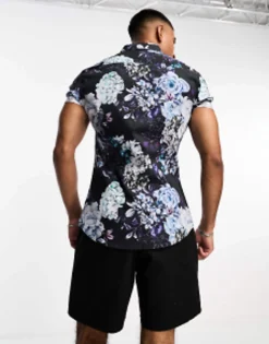 Tall*DESIGN 'Michael' Stretch Skinny Shirt In And Purple Floral Print Black
