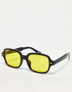 Sunglasses*DESIGN Mid Square Sunglasses In With Yellow Lens Black