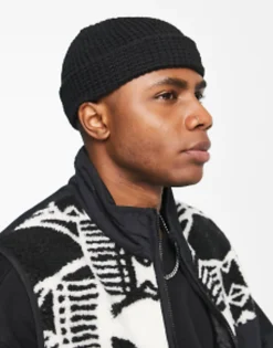 Beanies*DESIGN Mini Fisherman Ribbed Beanie In Waffle Knit Black