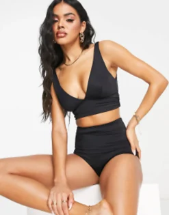 Swimwear & Beachwear*DESIGN Mix And Match Deep Band Side Ruched Crop Bikini Top In Black