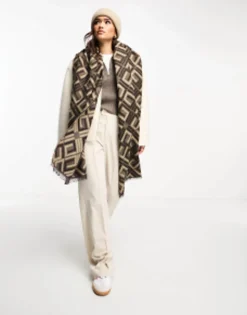 Scarves*DESIGN Monogram Jacquard Print Blanket Scarf In Brown