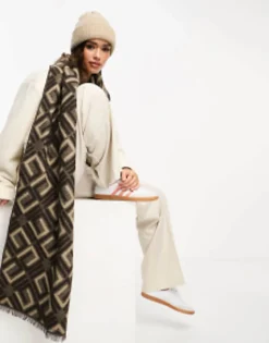 Scarves*DESIGN Monogram Jacquard Print Blanket Scarf In Brown