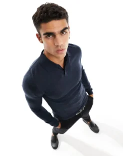 Polo Shirts*DESIGN Muscle Fit Knitted Merino Wool Polo Jumper In Navy
