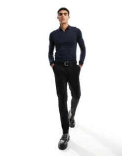 Polo Shirts*DESIGN Muscle Fit Knitted Merino Wool Polo Jumper In Navy