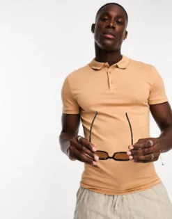 Polo Shirts*DESIGN Muscle Fit Polo Shirt In Tan Biscuit