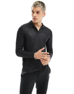 Polo Shirts*DESIGN Muscle Long Sleeve Polo In Glitter Rib With Revere Collar Black