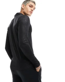 Polo Shirts*DESIGN Muscle Long Sleeve Polo In Glitter Rib With Revere Collar Black