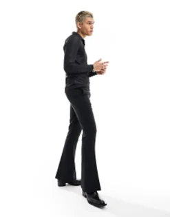 Polo Shirts*DESIGN Muscle Long Sleeve Polo In Glitter Rib With Revere Collar Black