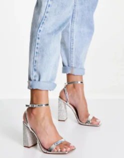Sandals*DESIGN Nora Embellished Block Heel Barely There Heeled Sandals In Silver
