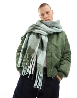 Scarves*DESIGN Oversized Fluffy Scarf In Green Check Light Green
