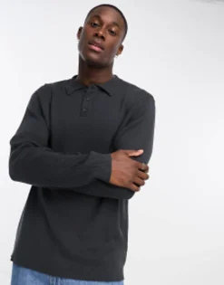 Polo Shirts*DESIGN Oversized Knitted Essential Rib Polo Jumper In Charcoal