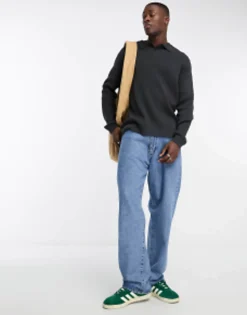 Polo Shirts*DESIGN Oversized Knitted Essential Rib Polo Jumper In Charcoal