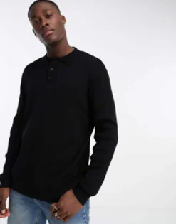 Polo Shirts*DESIGN Oversized Knitted Essential Rib Polo Jumper In Black