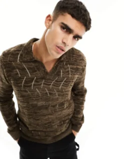 Polo Shirts*DESIGN Oversized Knitted Pointelle Polo Jumper In Twist Brown