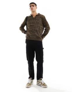 Polo Shirts*DESIGN Oversized Knitted Pointelle Polo Jumper In Twist Brown