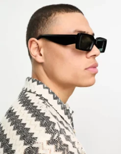 Sunglasses*DESIGN Oversized Rectangle Sunglasses With Bevelled Frame And Green Lens In Matte Black
