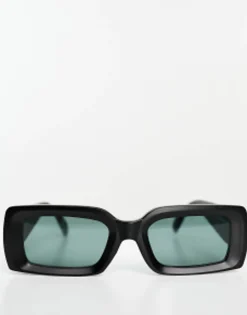 Sunglasses*DESIGN Oversized Rectangle Sunglasses With Bevelled Frame And Green Lens In Matte Black