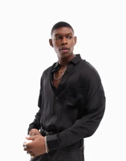 Tall*DESIGN Oversized Satin Shirt In Black