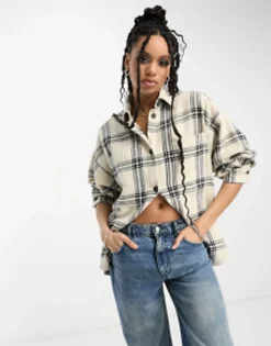 Shirts*DESIGN Oversized Shacket With Pockets In Mono Check