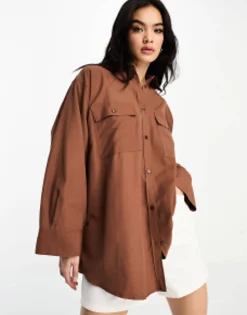 Shirts*DESIGN Oversized Shirt With Wide Cuff Detail In Brown Chocolate