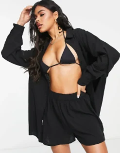 Shorts*DESIGN Oversized Textured Beach Co Ord In Black