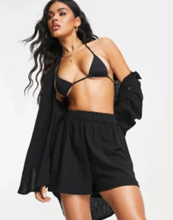 Shorts*DESIGN Oversized Textured Beach Co Ord In Black
