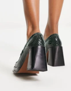 Loafers*DESIGN Paterson Premium Leather Heeled Loafers In Green Snake