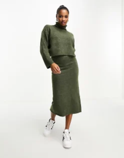 Skirts*Petite Design Boxy Jumper In Rib With Roll Neck & Midi Skirt Co Ord In Khak