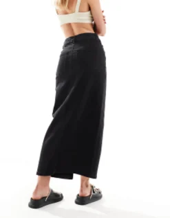 Petite*Petite Design Denim Maxi Skirt With Split Hem In Washed Black